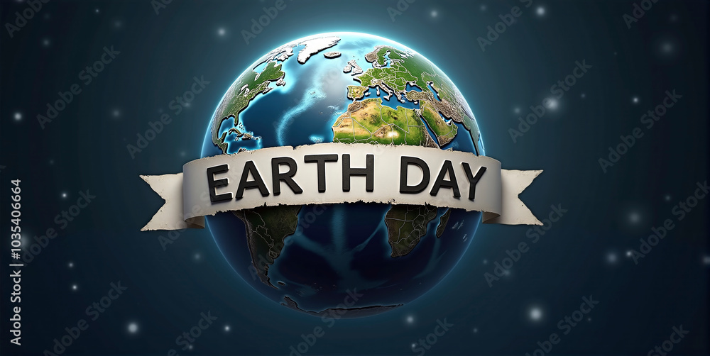 Planet Earth with Earth Day banner, joining the fight against global warming, raising awareness about the health of planet earth Planet Earth with Earth Day banner, joining the fight against global warming, raising awareness about the health of planet earth