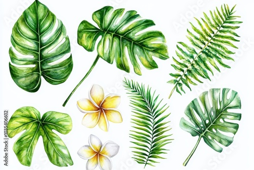 Watercolor Tropical Leaves and Flowers Composition, Watercolor, Tropical, Jungle, Botanical, Illustration, Nature