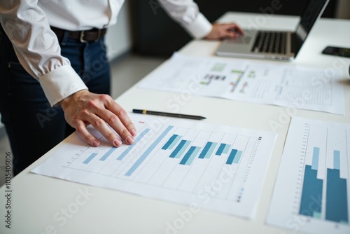 Person standing by a desk, reviewing various charts and graphs displayed on printed papers and a laptop, showing focus and analysis in professional environment