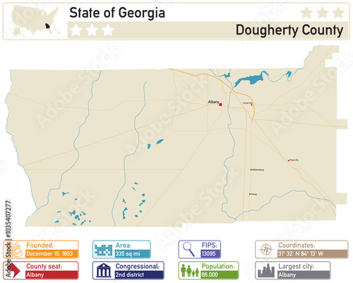 Detailed infographic and map of Dougherty County in Georgia USA.