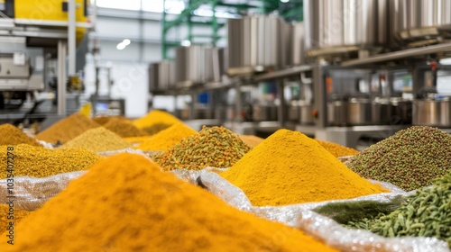 Fototapeta Naklejka Na Ścianę i Meble -  Industrial spice processing machines operating in a modern factory with bags of spices on the floor