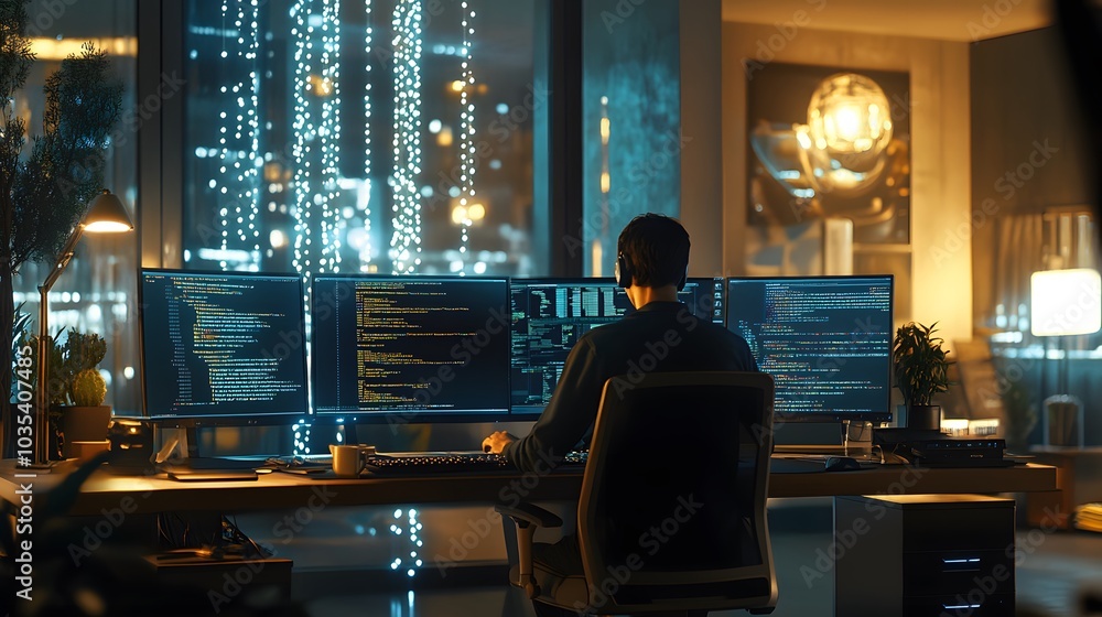 A Programmer Working Late at Night with Three Monitors Filled with Code A Programmer Working Late at Night with Three Monitors Filled with Code