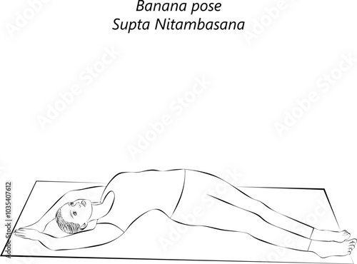 Sketch of young woman practicing Supta Nitambasana yoga pose. Banana pose or Supine Half Moon pose. Beginner Difficulty. Isolated vector illustration.