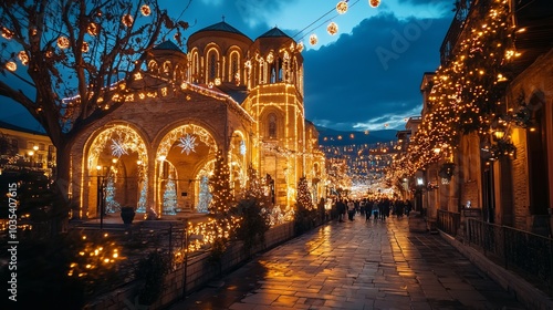 Tbilisi, Georgia is festively illuminated during the holiday season, with Christmas lights adorning the city's ancient architecture.