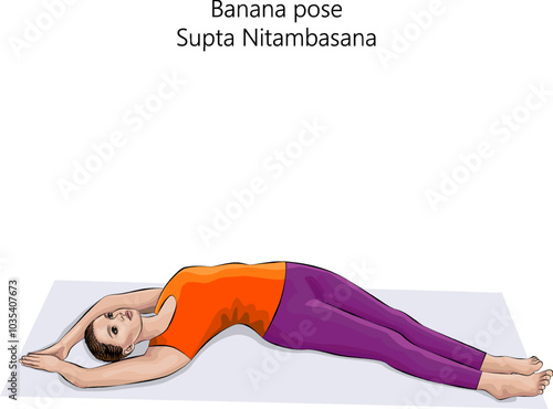 Young woman practicing Supta Nitambasana yoga pose. Banana pose or Supine Half Moon pose. Beginner Difficulty. Isolated vector illustration.