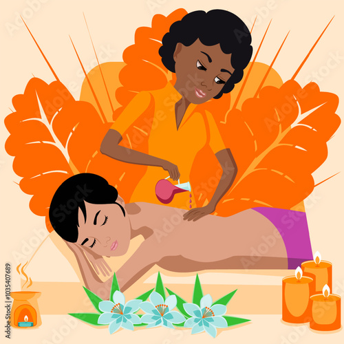 Aromatherapy massage. Therapy and treatment by professional therapist in SPA. Isolated flat vector illustration. African and Indian ethnicity.