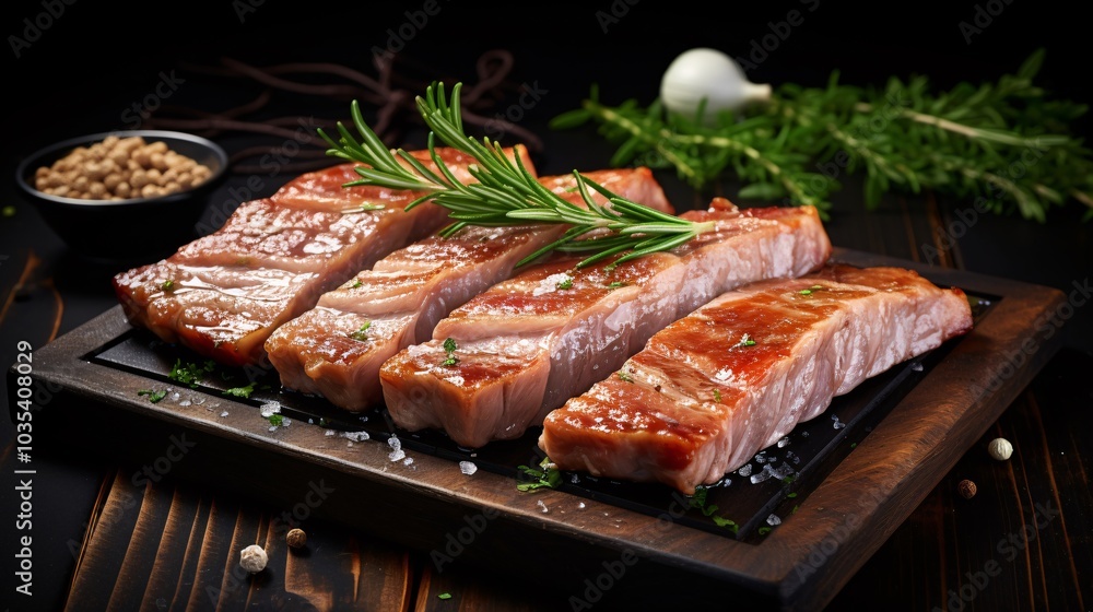 Raw pork belly strips with spices on a dark wooden background Raw pork belly strips with spices on a dark wooden background