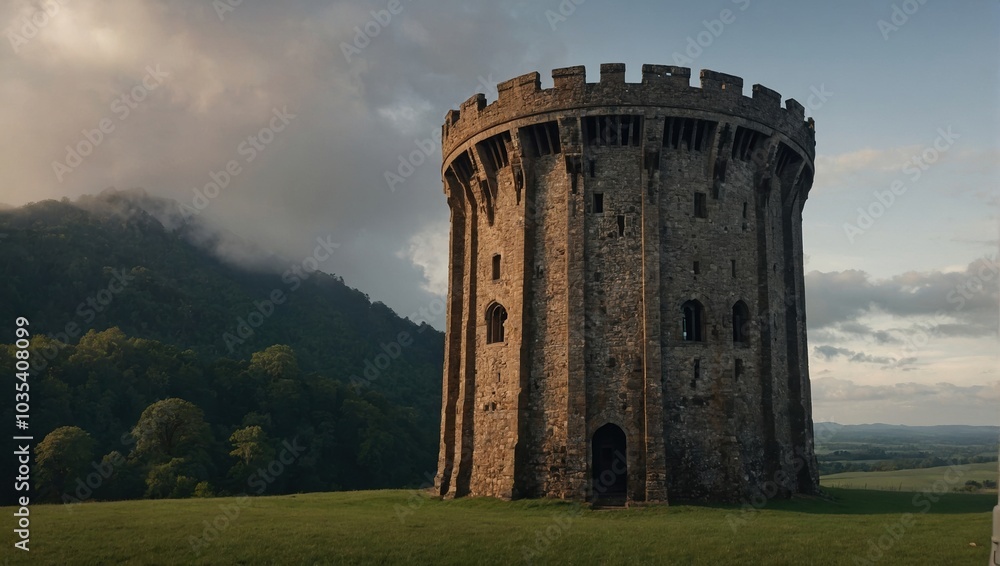 A breathtaking archer tower at sunset paints a beautiful picture in the sky A breathtaking archer tower at sunset paints a beautiful picture in the sky