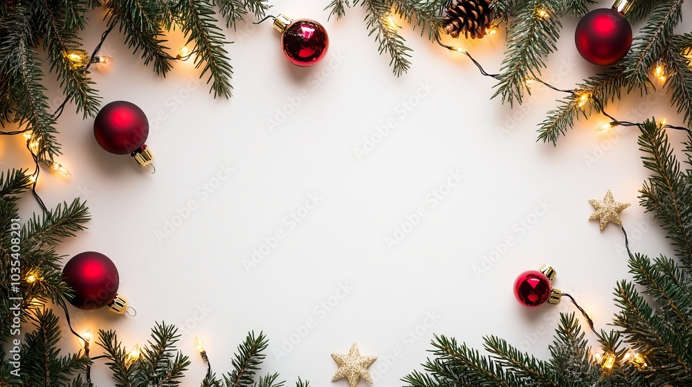 Spruce frame and festive decorations in red and gold on a white background. Room for your own message. New Year lights. Arranged flat. Spruce frame and festive decorations in red and gold on a white background. Room for your own message. New Year lights. Arranged flat.