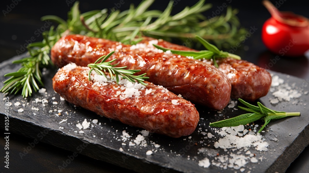 Raw pork sausages with fresh herbs and spices on a marble slab Raw pork sausages with fresh herbs and spices on a marble slab