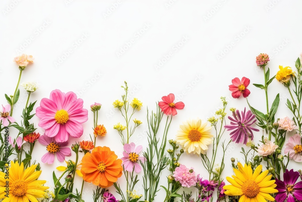 Fototapeta premium Colorful Wildflowers Arranged in a Border on White Background