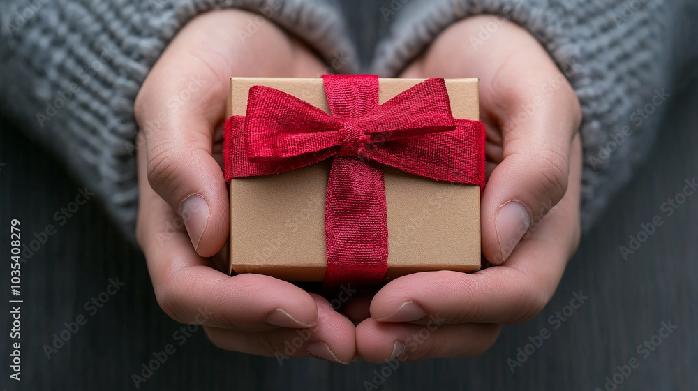 Closeup of Hands Holding a Gift Box with Red Ribbon Closeup of Hands Holding a Gift Box with Red Ribbon