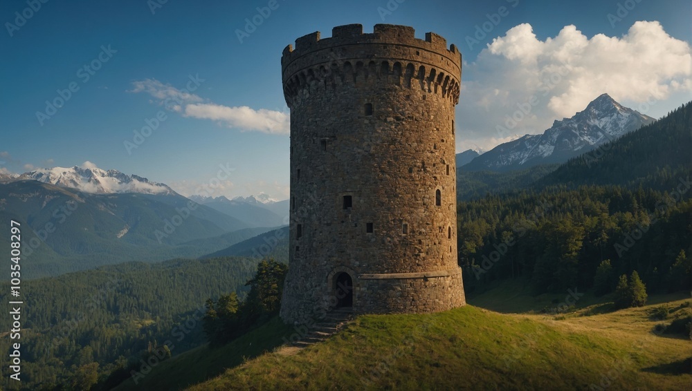 A breathtaking archer tower bathed in golden sunlight creates a mesmerizing visual A breathtaking archer tower bathed in golden sunlight creates a mesmerizing visual