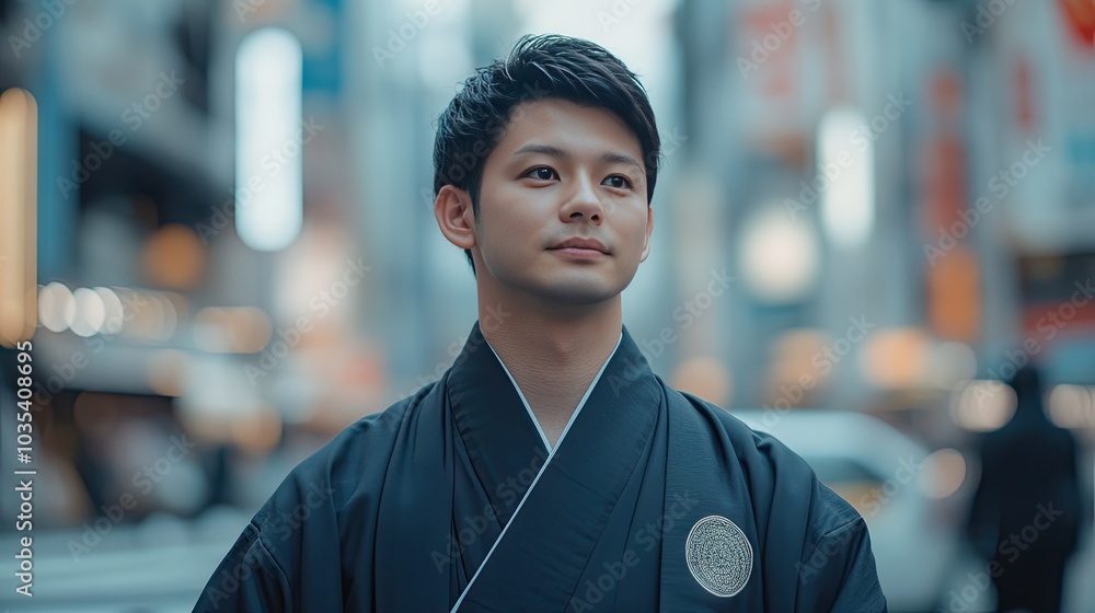 Naklejka premium Young Man in Traditional Attire in Urban Setting