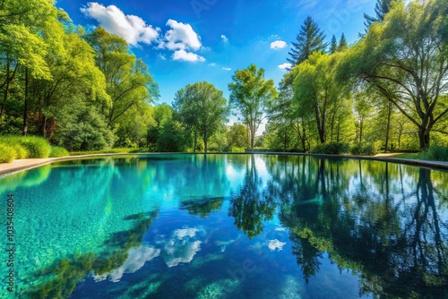 A small pool of cyan liquid reflecting the blue sky on a sunny day with surrounding trees and foliage, serene atmosphere, calm waters, cyan pool