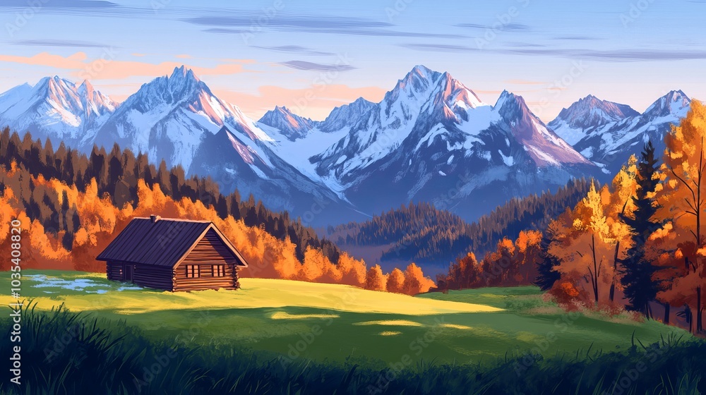 Wooden cabin on a beautiful green meadow at sunrise. Snowy mountains with orange forests and two groups of mountains in the background. Wooden cabin on a beautiful green meadow at sunrise. Snowy mountains with orange forests and two groups of mountains in the background.