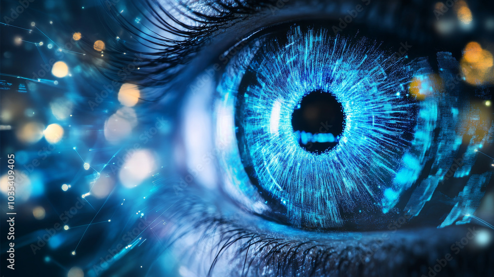 Blue abstract illustration depicting high-speed internet technology, featuring an eye scan and computer virus elements, with a sense of motion and dynamic movement.
Blue abstract illustration depicting high-speed internet technology, featuring an eye scan and computer virus elements, with a sense of motion and dynamic movement.