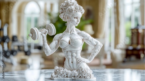 Graceful marble bust of a girl with a dumbbell against the background of a luxurious gym. Bodybuilding, fitness, gym and sport concept. Rococo sculpture art for wallpaper, poster, decor