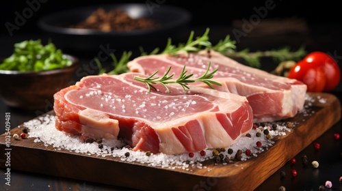 Fresh raw pork chops seasoned with salt and pepper