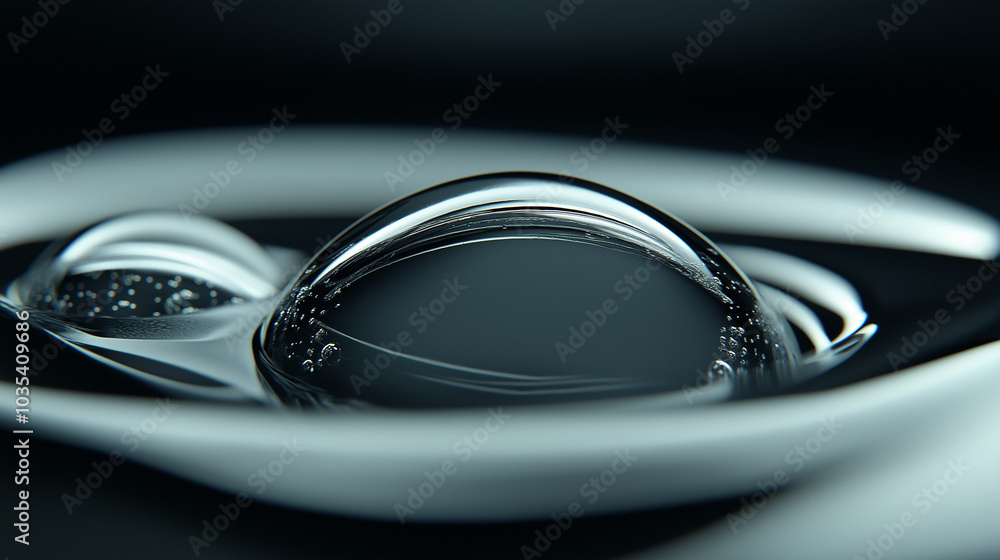Macro shot of crystal clear water droplets with a reflective surface on dark background Macro shot of crystal clear water droplets with a reflective surface on dark background