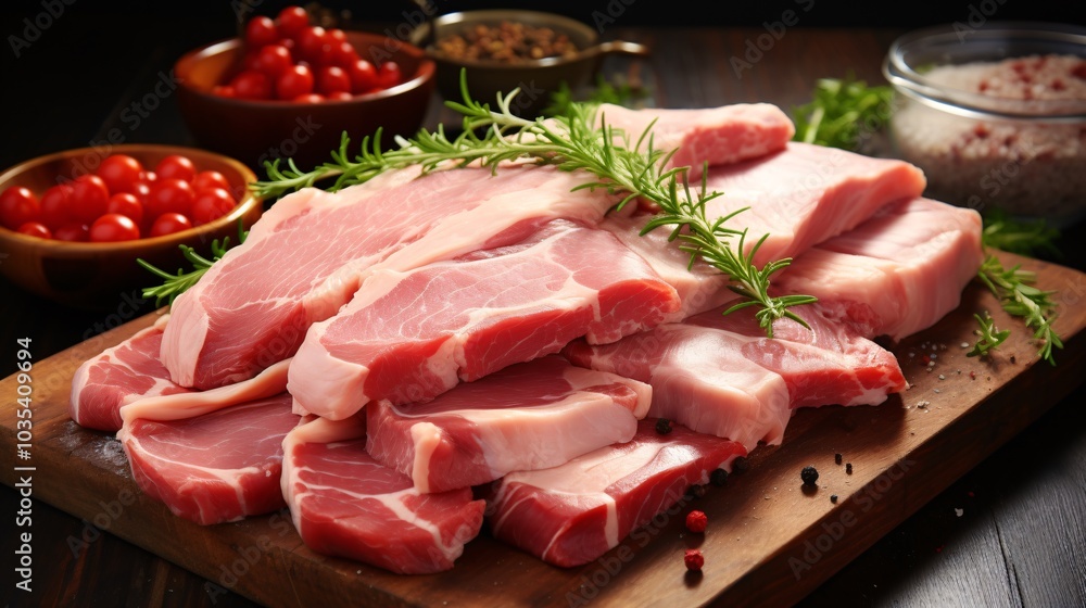 An assortment of raw pork cuts ready for cooking on a butcher's block An assortment of raw pork cuts ready for cooking on a butcher's block