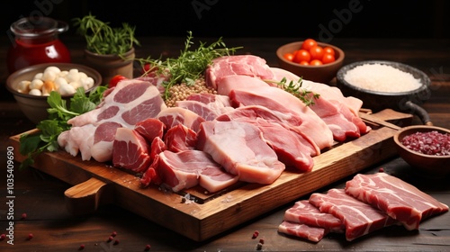 An assortment of raw pork cuts ready for cooking on a butcher's block