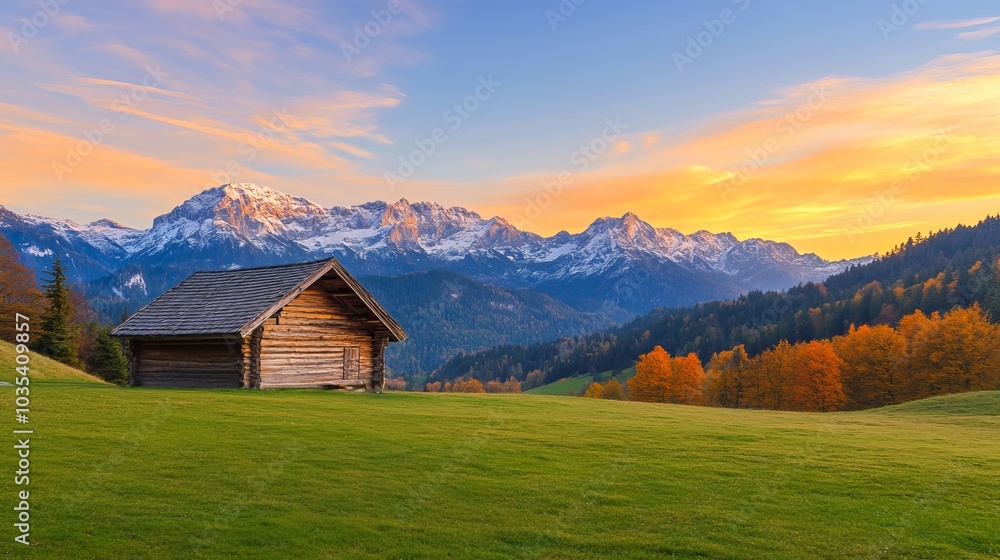 Wooden cabin on a beautiful green meadow at sunrise. Snowy mountains with orange forests and two groups of mountains in the background. Wooden cabin on a beautiful green meadow at sunrise. Snowy mountains with orange forests and two groups of mountains in the background.