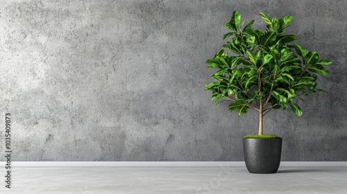 A modern indoor plant placed in a sleek black pot against a textured gray wall, adding a touch of greenery to any space.