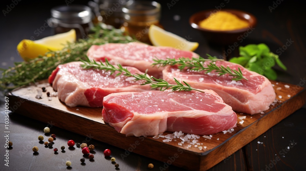 Raw pork chops with a side of lemon and thyme on a cutting board Raw pork chops with a side of lemon and thyme on a cutting board