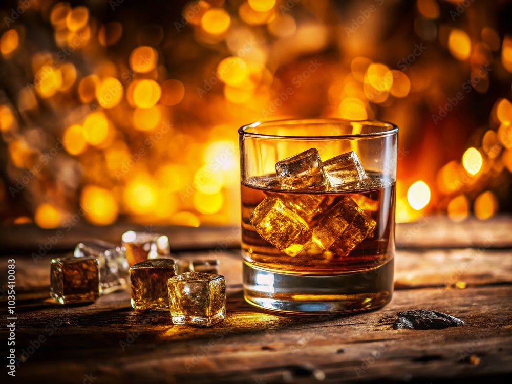 Glass of Whiskey on Wooden Table with Ice Cubes and Gold Background in Vibrant Orange Shades Glass of Whiskey on Wooden Table with Ice Cubes and Gold Background in Vibrant Orange Shades