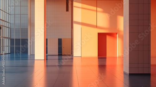 Bright and Spacious Modern Architectural Interior Corridor with Orange Tones