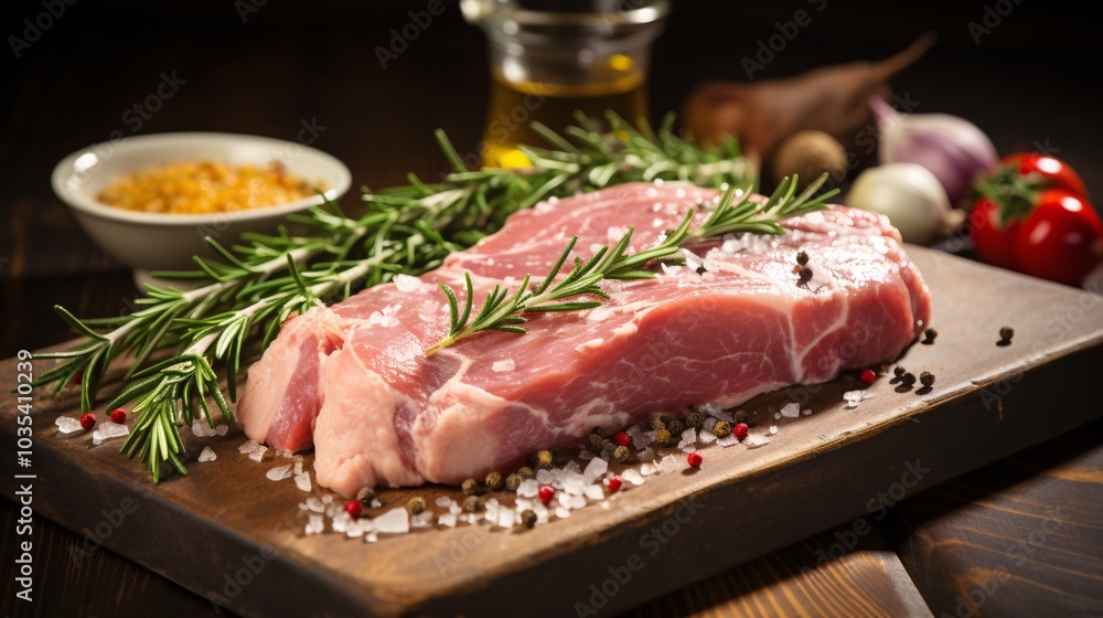 Fresh raw pork tenderloin with garlic and rosemary on a wooden table Fresh raw pork tenderloin with garlic and rosemary on a wooden table