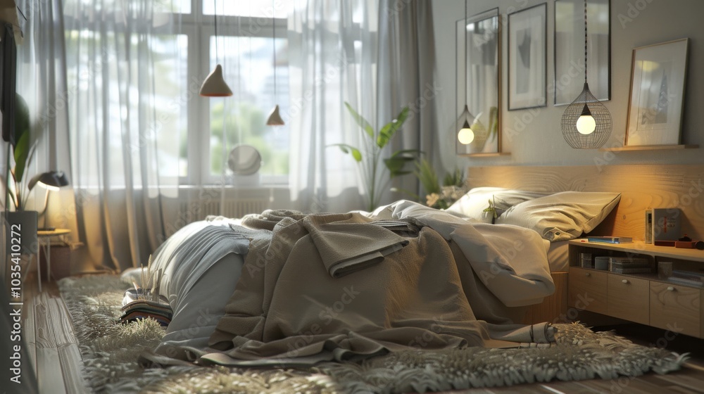 An urban zen loft Scandinavian bedroom with a double bed a minimalist headboard An urban zen loft Scandinavian bedroom with a double bed a minimalist headboard