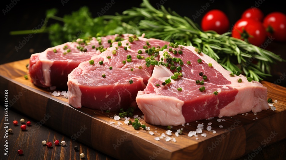 A close-up of raw pork chops with fresh herbs on a cutting board A close-up of raw pork chops with fresh herbs on a cutting board