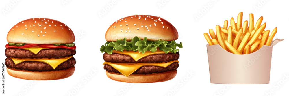 Double Cheeseburger French Fries Fast Food Meal Illustration Double Cheeseburger French Fries Fast Food Meal Illustration
