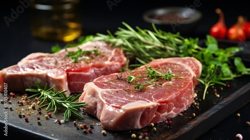 A close-up of raw pork chops with fresh herbs on a cutting board