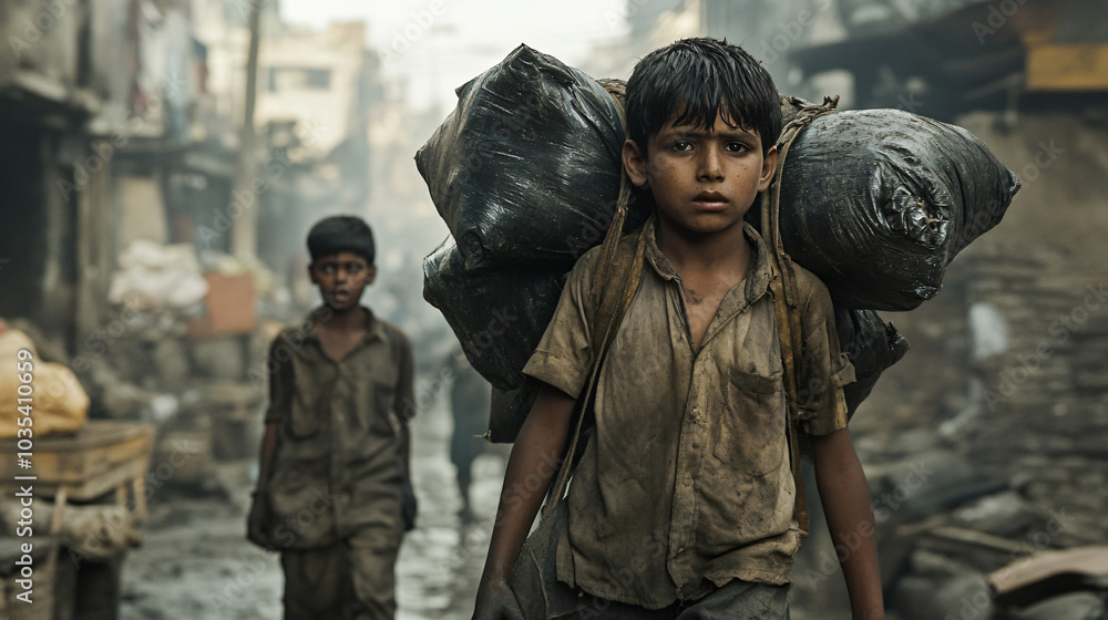 Fototapeta premium A compelling portrayal of the consequences of child labor in various industries.