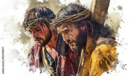 Simon of Cyrene helps Jesus carry the Cross. Digital watercolor painting, Generative AI