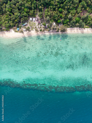 Aerial view of a secluded tropical beach with lush greenery.