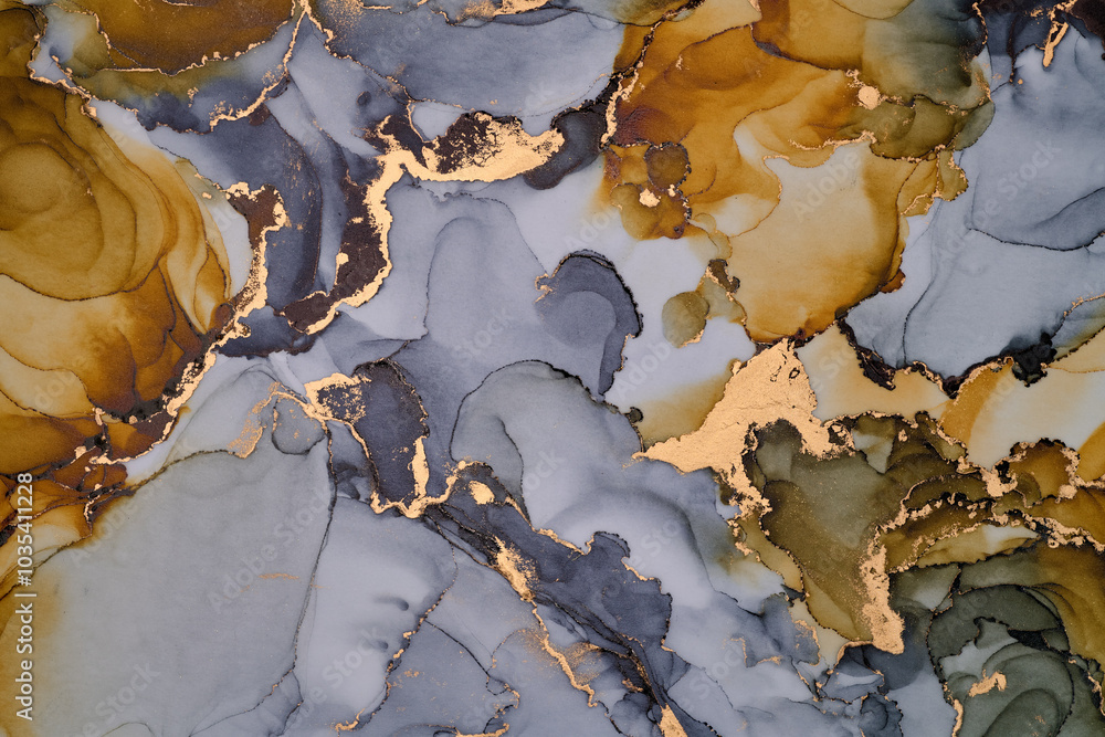 Obraz premium Snaking rivers of metallic gold weave through vibrant interplay of soft and bold tones. Movement and balance in nature, crafted in the fluid ink technique to create seamless transitions rich texture