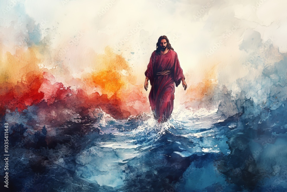 Fototapeta premium Watercolor illustration of Jesus walking