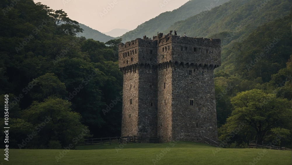 A captivating archer tower surrounded by vibrant gardens delights visitors in spring A captivating archer tower surrounded by vibrant gardens delights visitors in spring