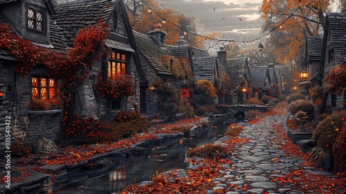 Fototapeta Naklejka Na Ścianę i Meble -  A charming village in autumn, with stone cottages covered in ivy turning shades of red and orange. The cobblestone streets are lined with fallen leaves, A small stream runs through the village.