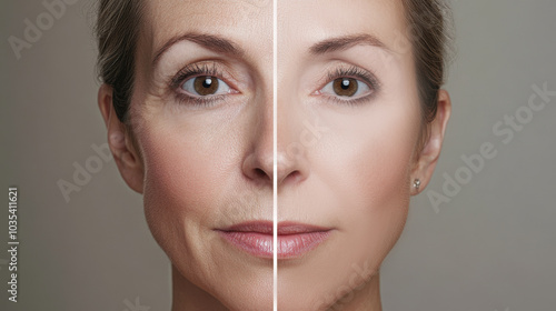 A woman's face is divided in half, illustrating the stark contrast between aging and rejuvenated skin after various cosmetic enhancements and a facelift, 