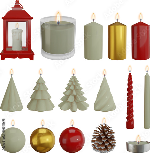 set of isolated christmas candles. different types of candles with flame for christmas decorations