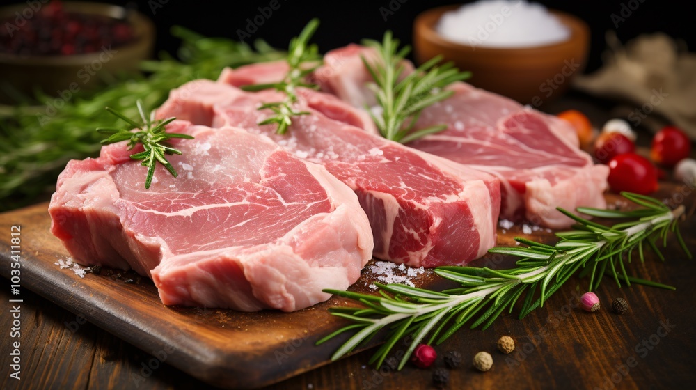 A close-up of raw pork chops with a garnish of fresh rosemary A close-up of raw pork chops with a garnish of fresh rosemary