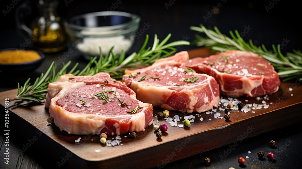 A close-up of raw pork chops with a garnish of fresh rosemary A close-up of raw pork chops with a garnish of fresh rosemary