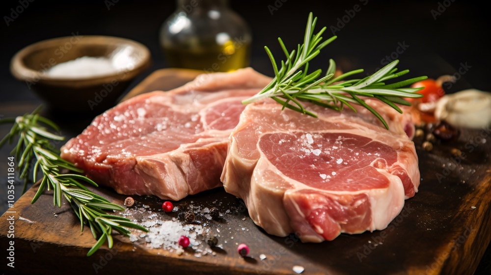 A close-up of raw pork chops with a garnish of fresh rosemary A close-up of raw pork chops with a garnish of fresh rosemary