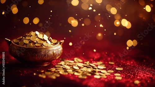 A traditional brass kalash filled with gold coins so that its falling off , on a rich ruby red satin background with golden bokehs, with glitters and sparkles in air, low level angle, copy space photo