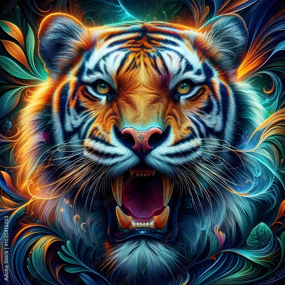 A ferocious, roaring tiger depicted in an abstract, intricate style. Swirling patterns blend with the tiger's striking features, creating a vivid representation of its raw power and beauty. A ferocious, roaring tiger depicted in an abstract, intricate style. Swirling patterns blend with the tiger's striking features, creating a vivid representation of its raw power and beauty.